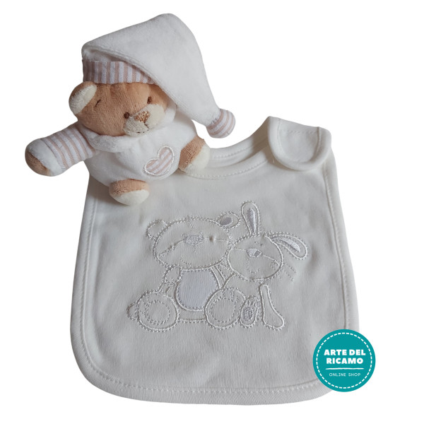 Teddy Bear with Baby Bib  - Cream